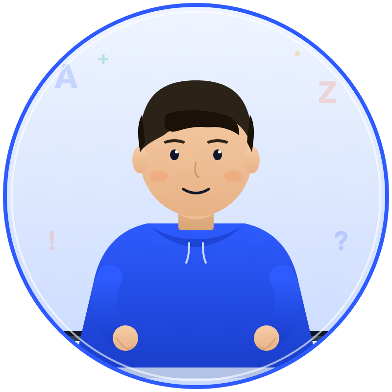 Illustrated avatar of Bryant.Pan, an 8th-grade boy typing at a keyboard