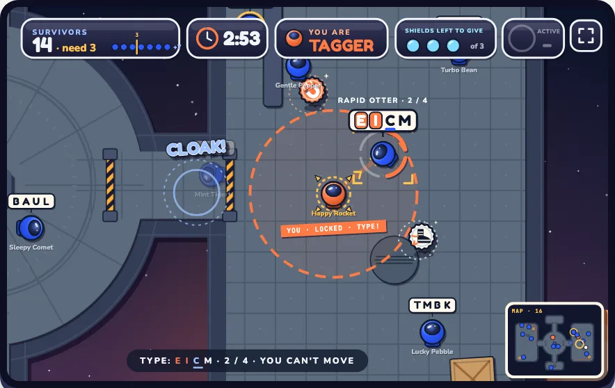 Letter Tag, a typing tag game for kids: the tagger locks on and types the letters above another player's helmet