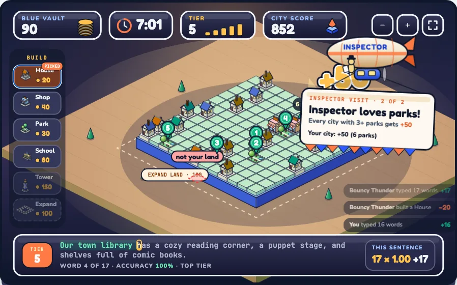 Type Town, a city building game for kids: a team types a sentence while the inspector airship visits their city